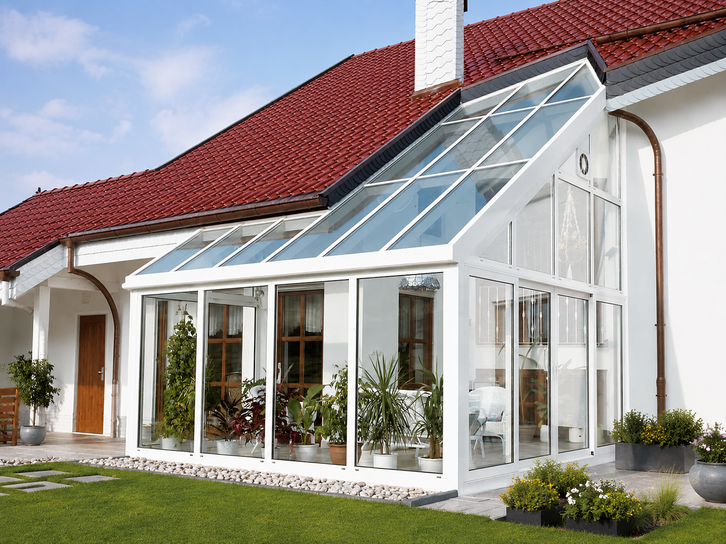 Heller Wintergarten aus Aluminium mit Glasdach an einem Wohnhaus