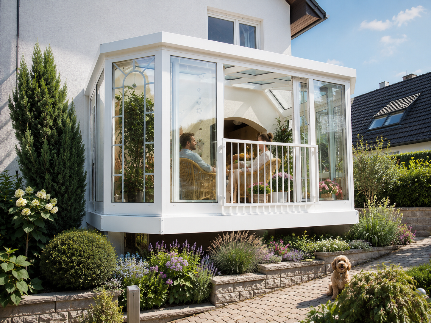 Wintergarten mit Balkon und Glasfassade als moderne Wohnraumerweiterung