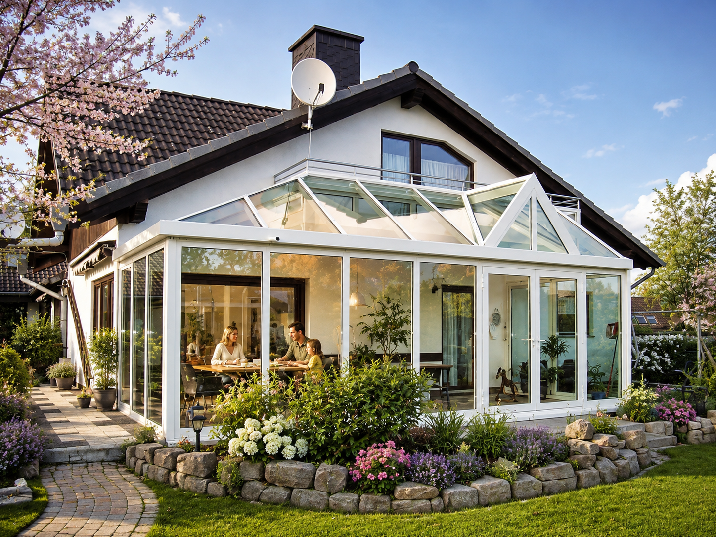 Wohnlicher Wintergarten mit transparenter Fassade und heller Innenwirkung