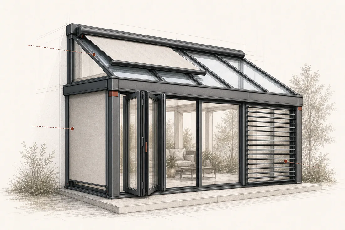 Architekturzeichnung mit Dachmarkise, seitlicher Zip-Beschattung und Lamellen am Aluminium-Wintergarten