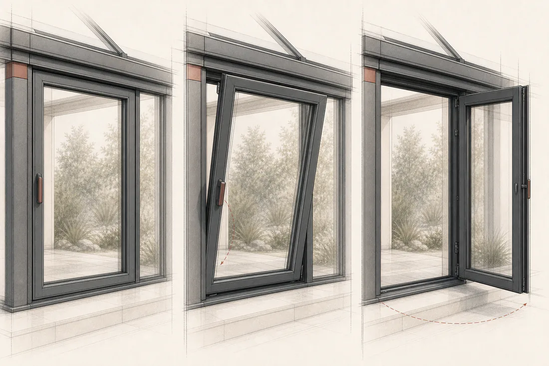 Architekturzeichnung eines Dreh-Kipp-Elements in geschlossener, gekippter und geöffneter Stellung