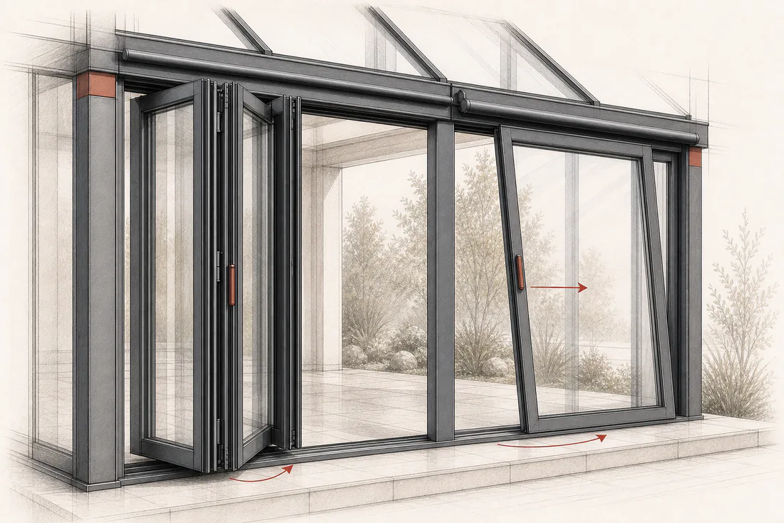 Architekturzeichnung eines Falt-Schiebe-Systems und eines Kipp-Schiebe-Elements am Aluminium-Wintergarten