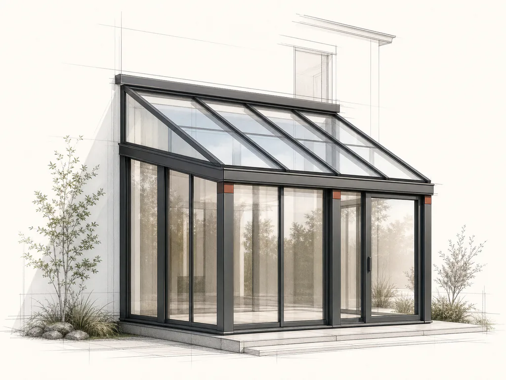 Architekturvisualisierung eines modernen Aluminium-Wintergartens mit Glasdach