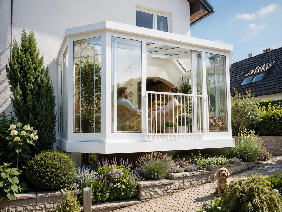 Wintergarten mit Balkon und Glasfassade als moderne Wohnraumerweiterung