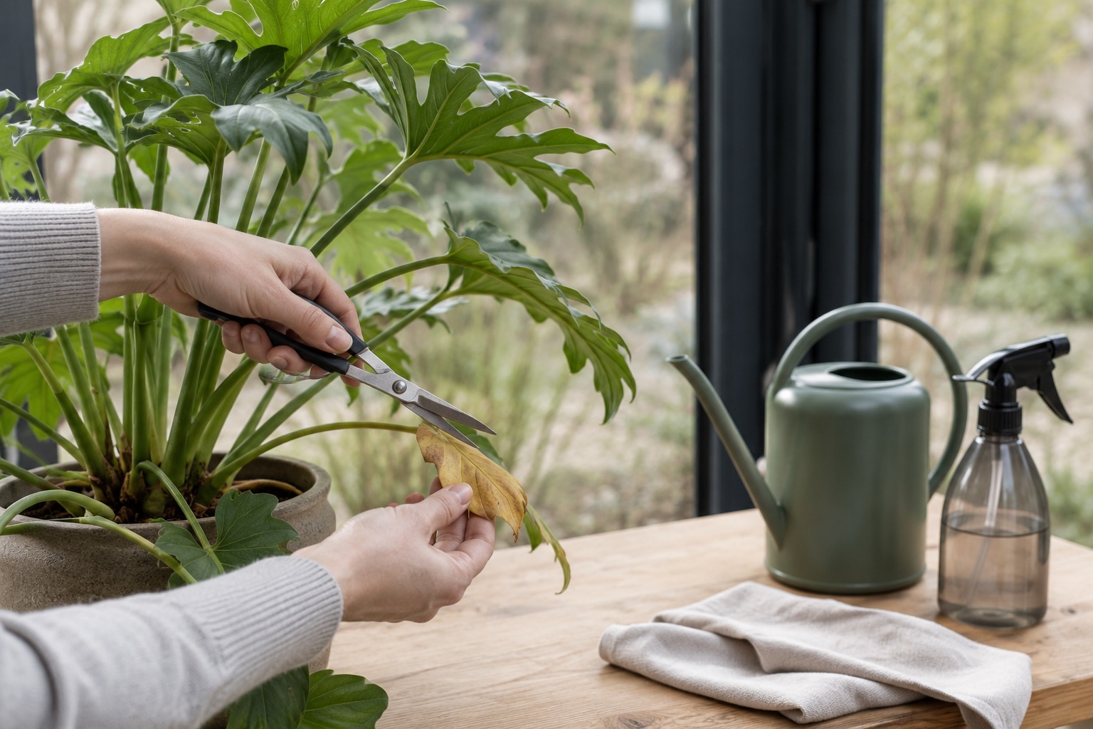 Rückschnitt einer Grünpflanze im Wintergarten mit der Gartenschere