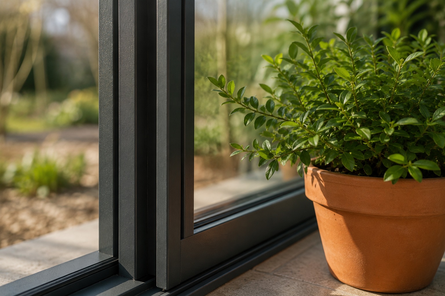 Grünpflanze am anthrazitfarbenen Aluminiumprofil des Wintergartens