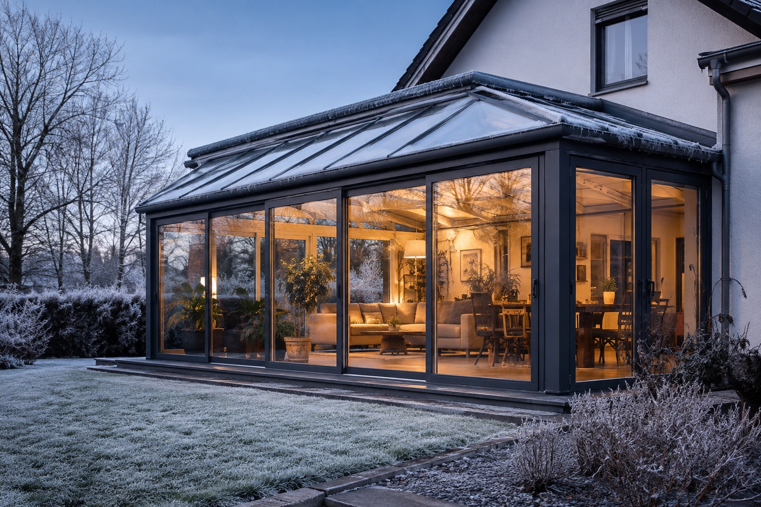 Aluminium-Wintergarten am frostigen Wintermorgen mit warm beleuchtetem Innenraum