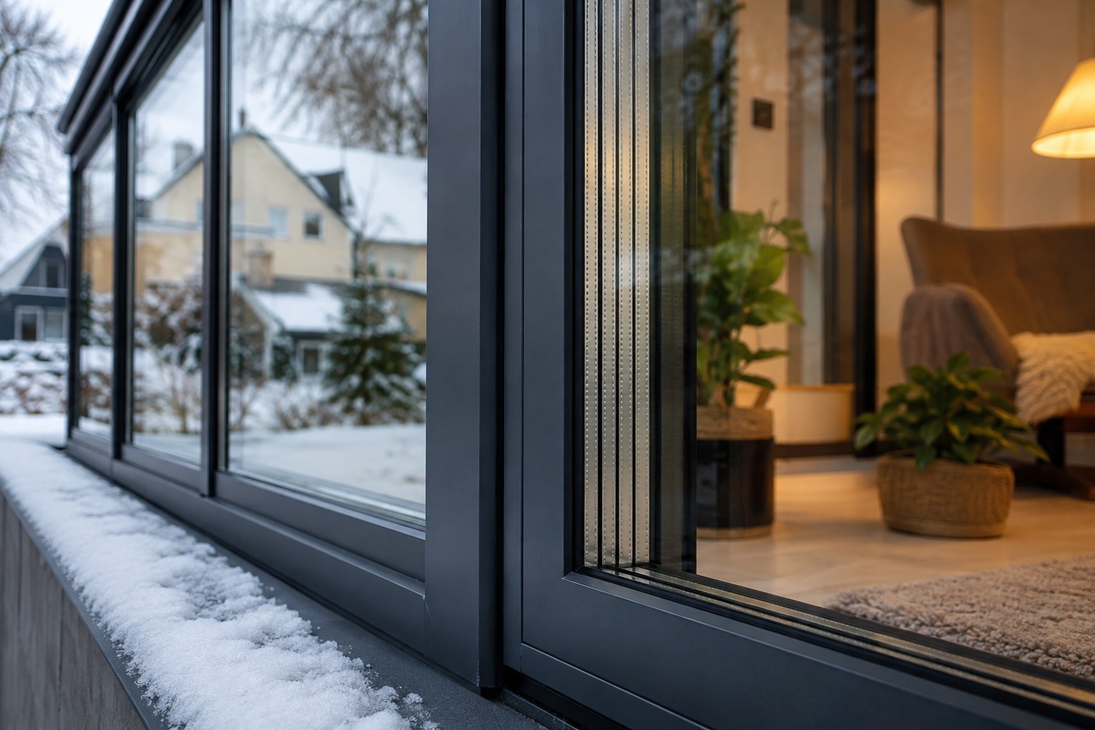 Detail des Aluminiumprofils mit Dreifachverglasung, innen beschlagfrei bei Schnee