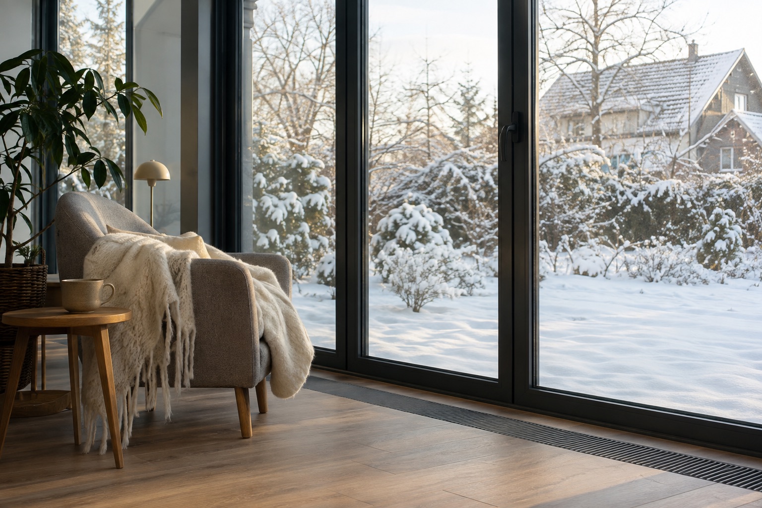 Bodenkonvektor vor der Glasfront im wohnlichen Wintergarten im Winter