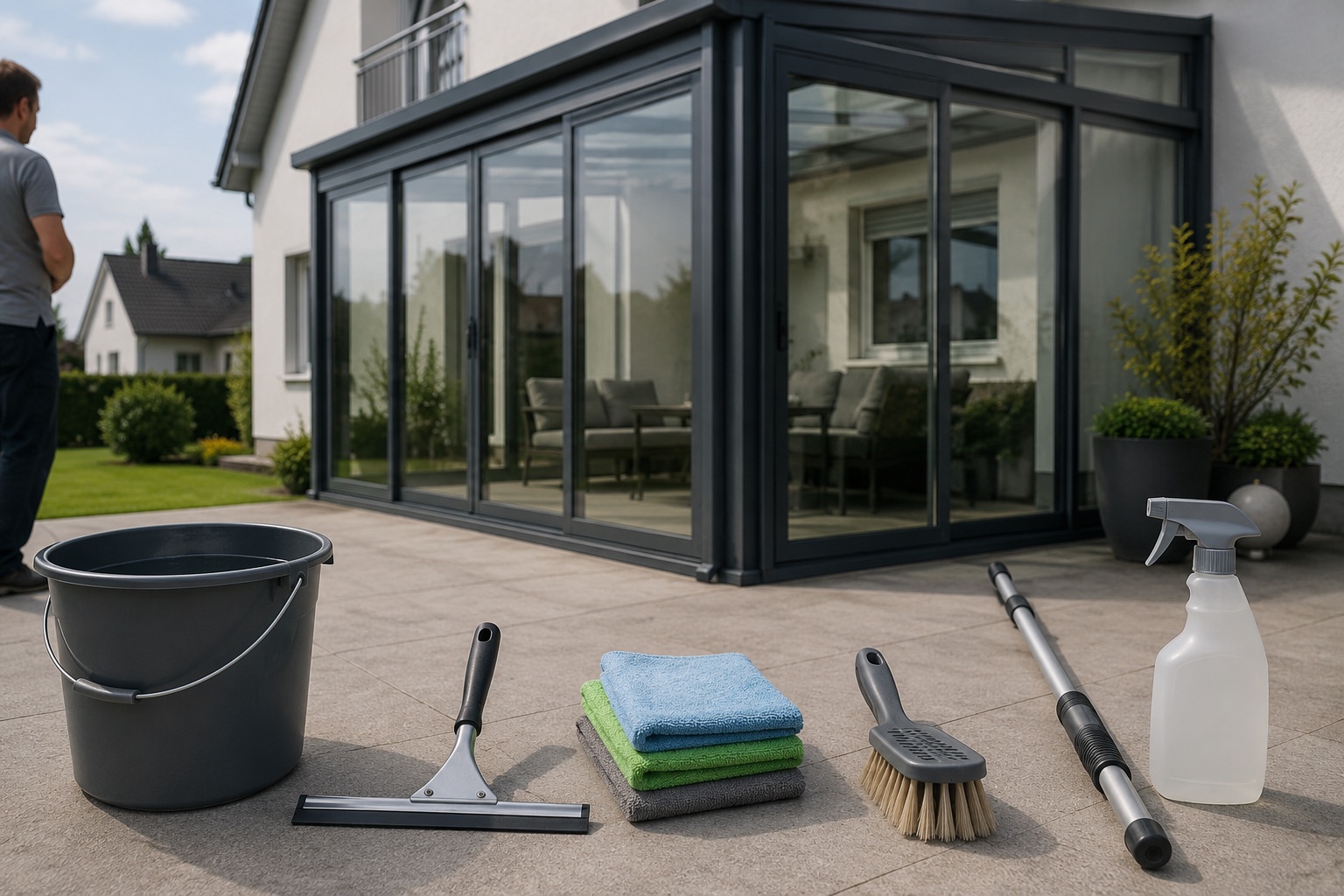 Reinigungsausrüstung für den Wintergarten: Abzieher, Mikrofasertücher und Teleskopstange auf der Terrasse