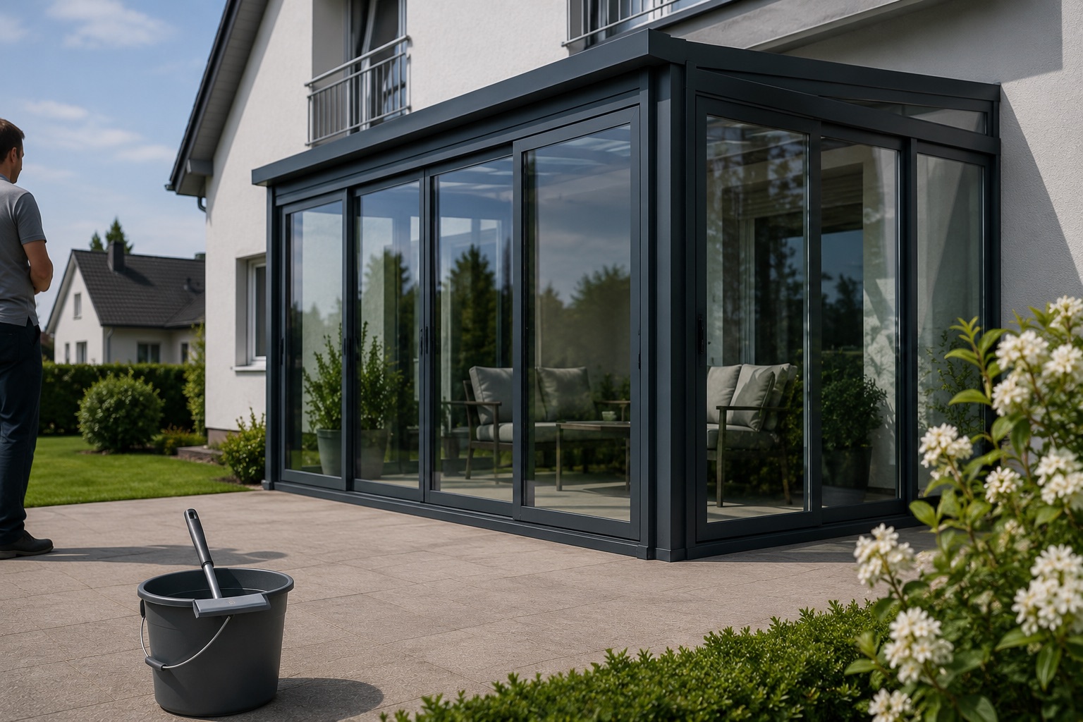 Frisch gereinigter Aluminium-Wintergarten im Frühjahr mit klaren Glasflächen