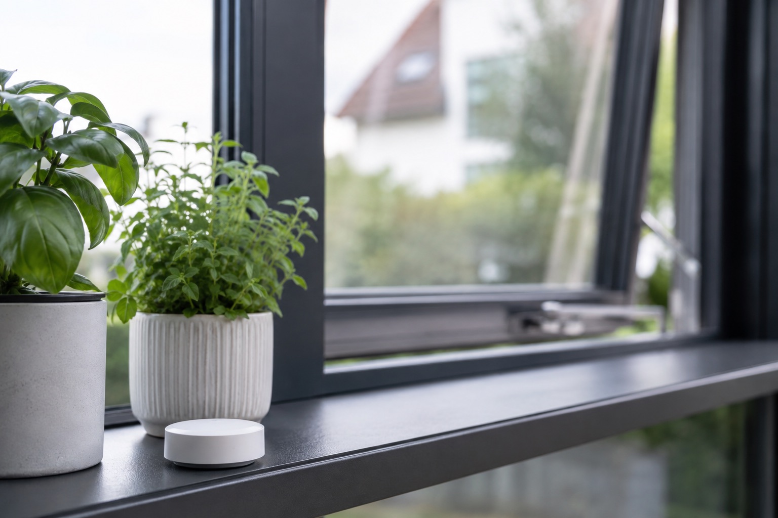 Kleiner Sensor für Luftqualität und Feuchtigkeit auf der Fensterbank im Wintergarten